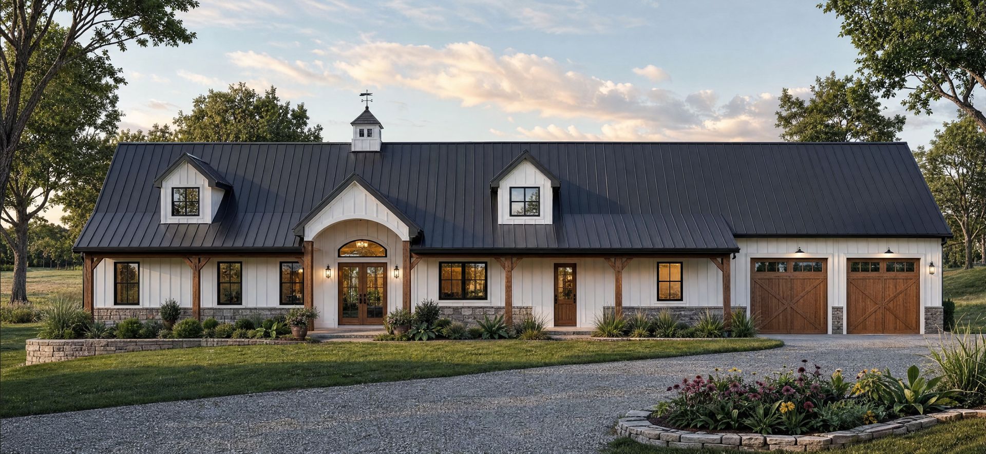 Front elevation 3D architectural render of Plan LR-2964-18C