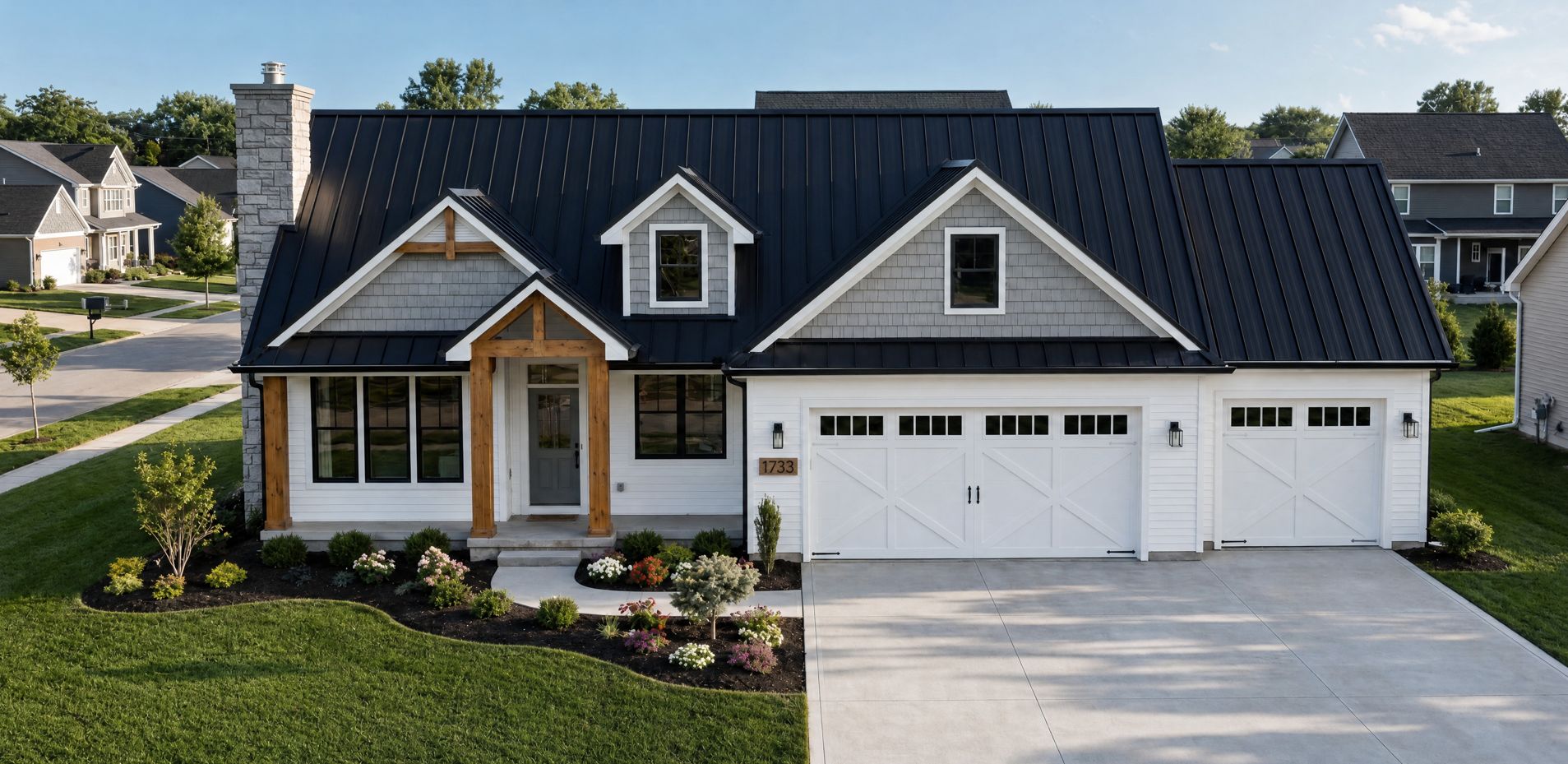 Front elevation 3D architectural render of Plan LR-1733-22C