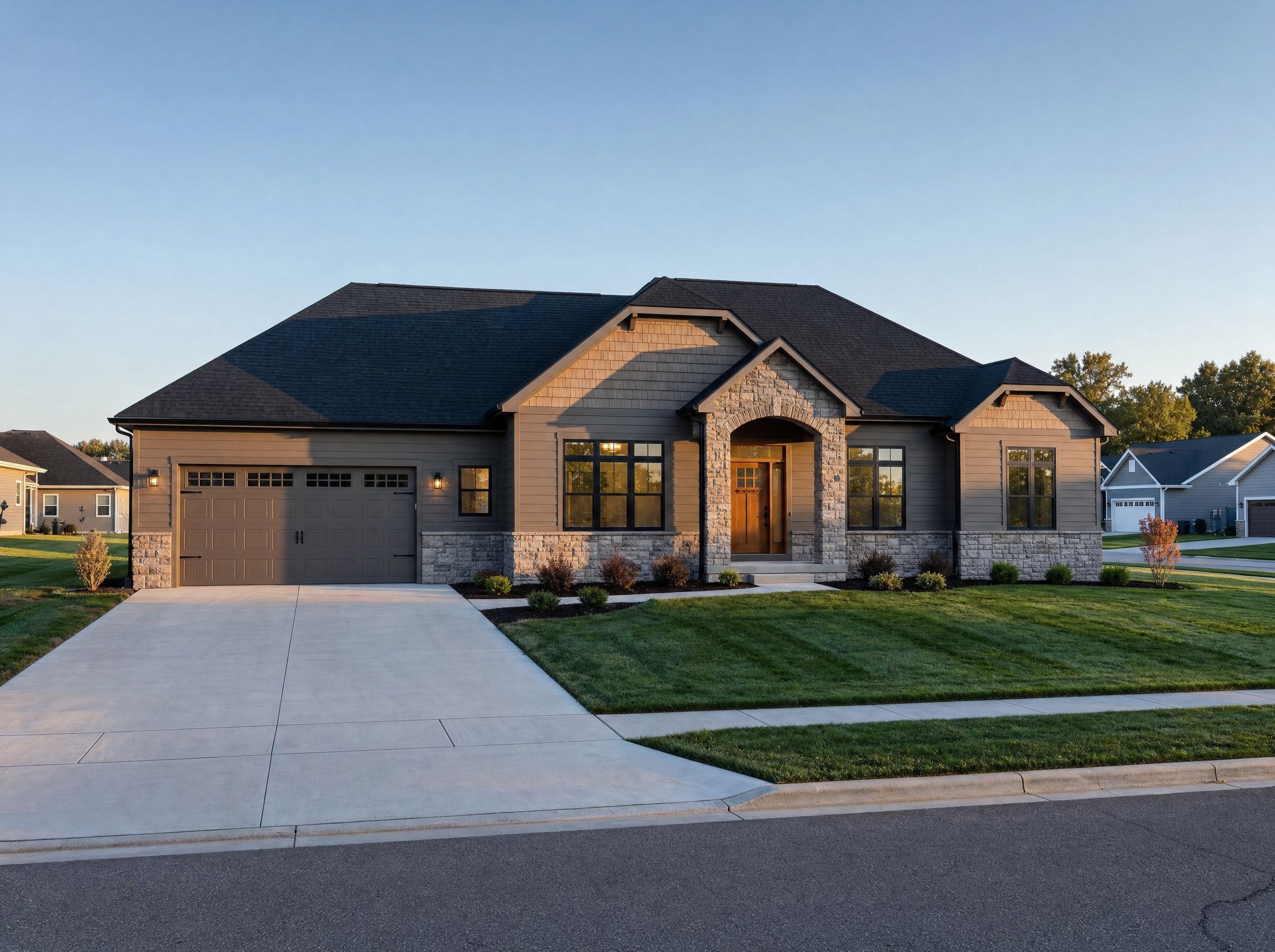Front elevation 3D architectural render of Plan LR-1954-17