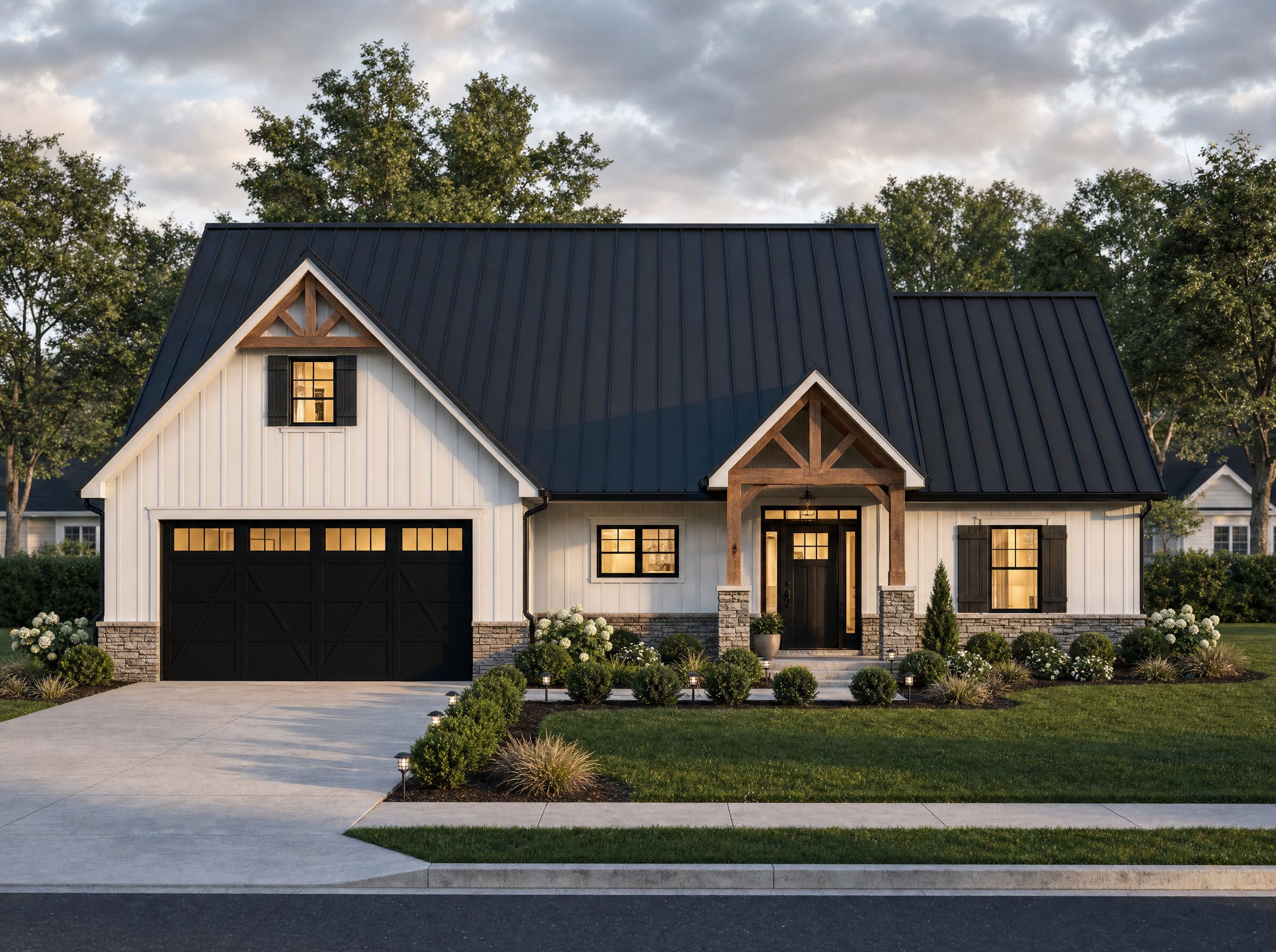 Front elevation 3D architectural render of Plan LR-2048-18C
