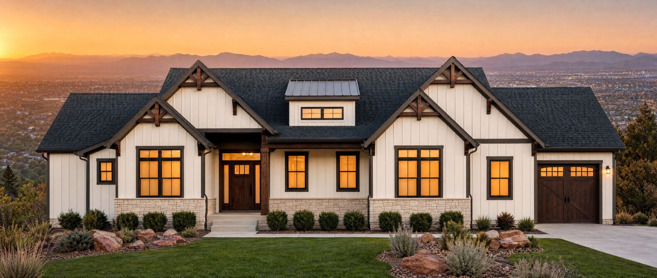 Front elevation 3D architectural render of Plan LR-2964-18C