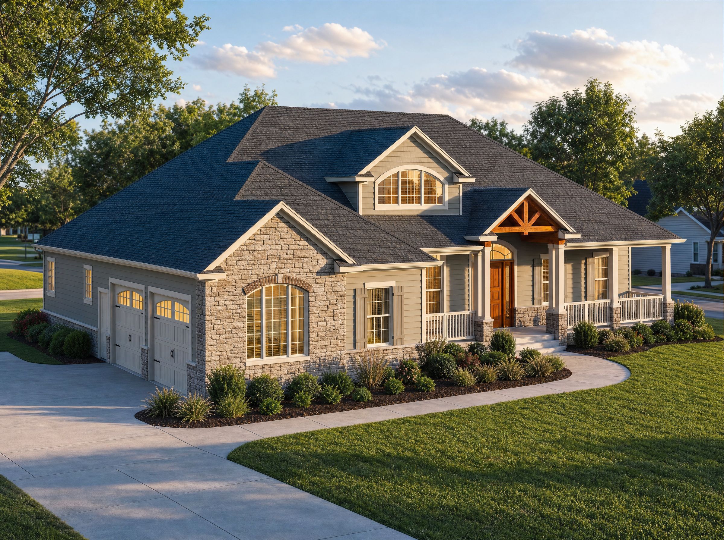 Front elevation 3D architectural render of Plan LR-2356-19R
